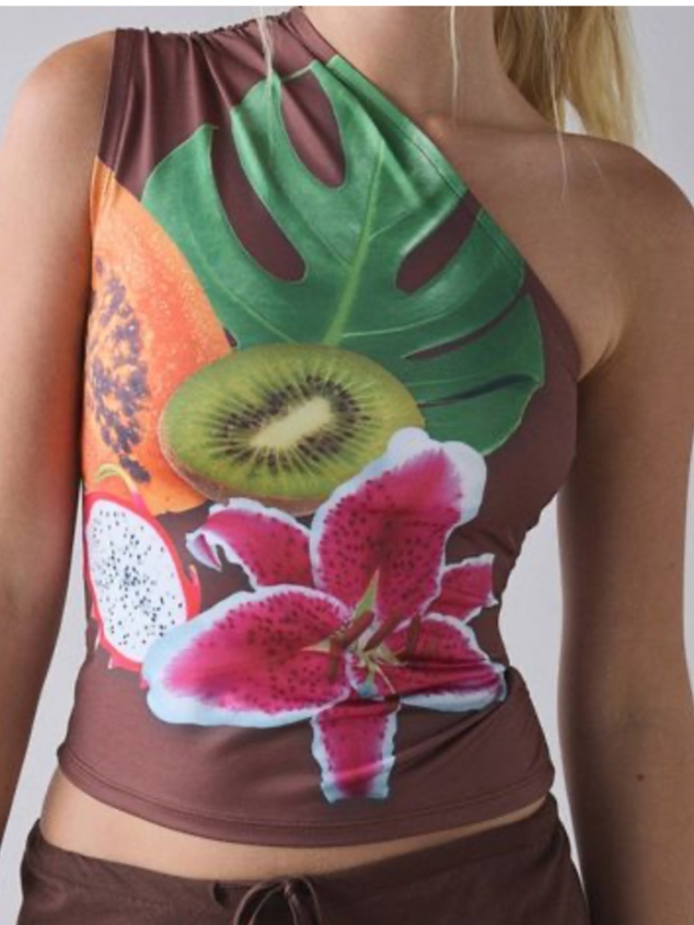 Kimchi Blue One Shoulder Tropical Fruit Print Ruched Top S Brown with Fruit
